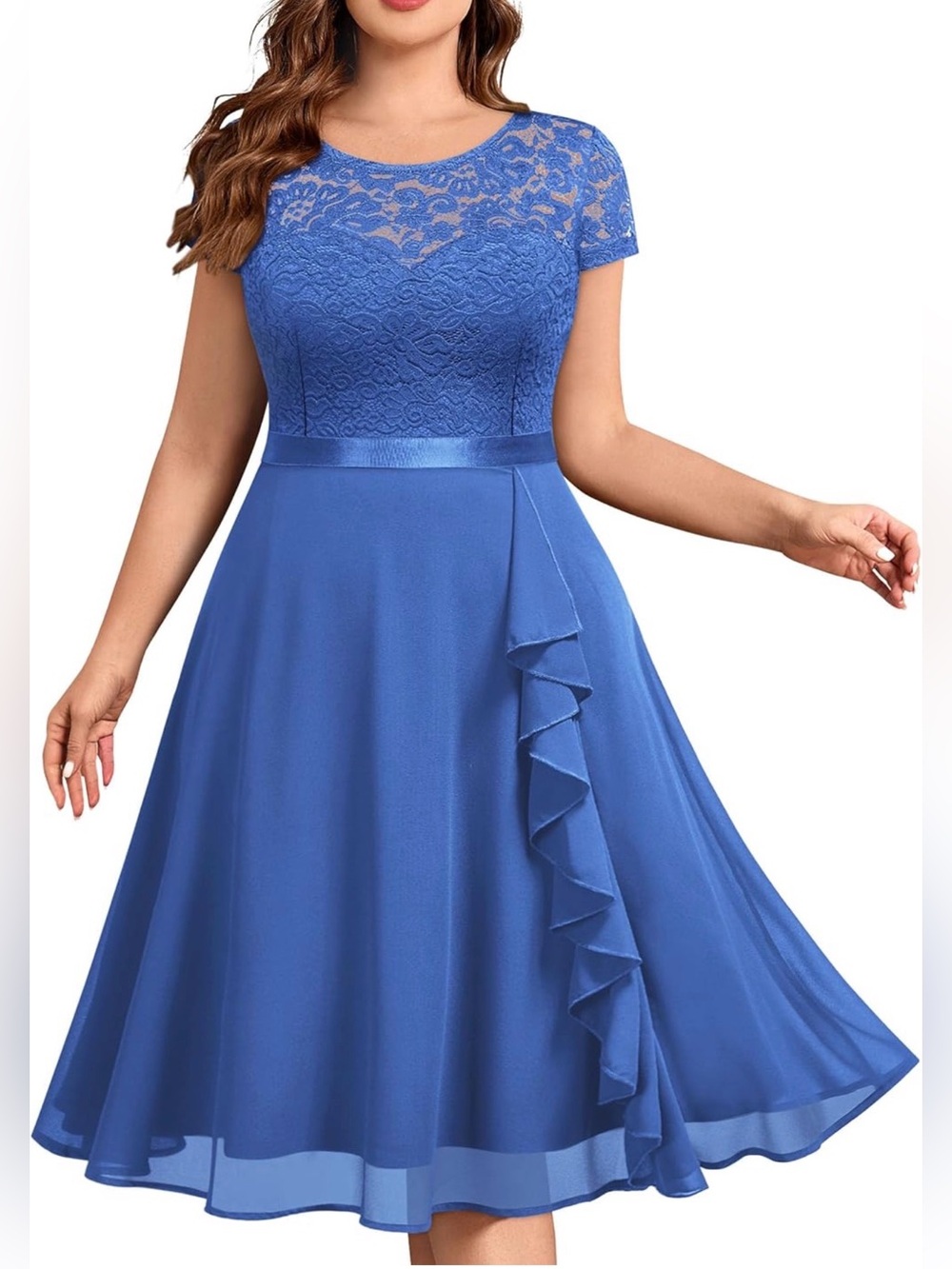 NWT Miusol Ruffle Floral Lace Chiffon Formal A-Line Cocktail Dress Blue, 5XL